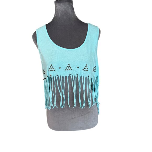 Emma & Sam Studded Fringe Tank Top Aqua S - Picture 1 of 5